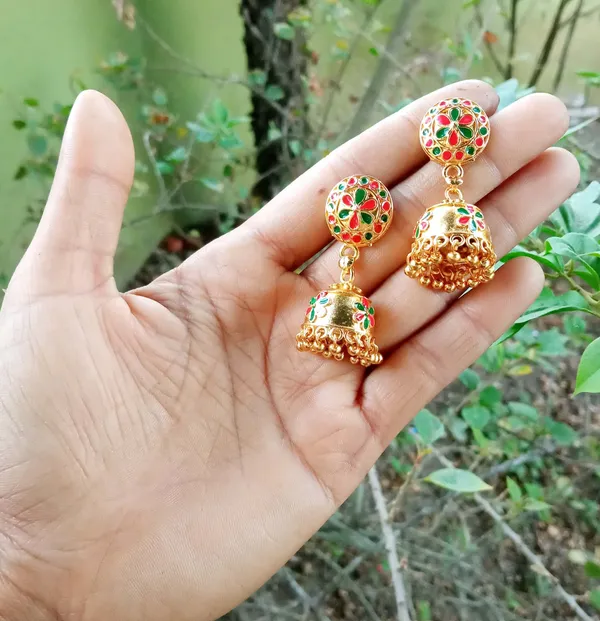 Assamese_Traditional_Copper_Gold_Plated_Green_Colour_Japi_Jhumka_Earring_For_Girls_&_Women